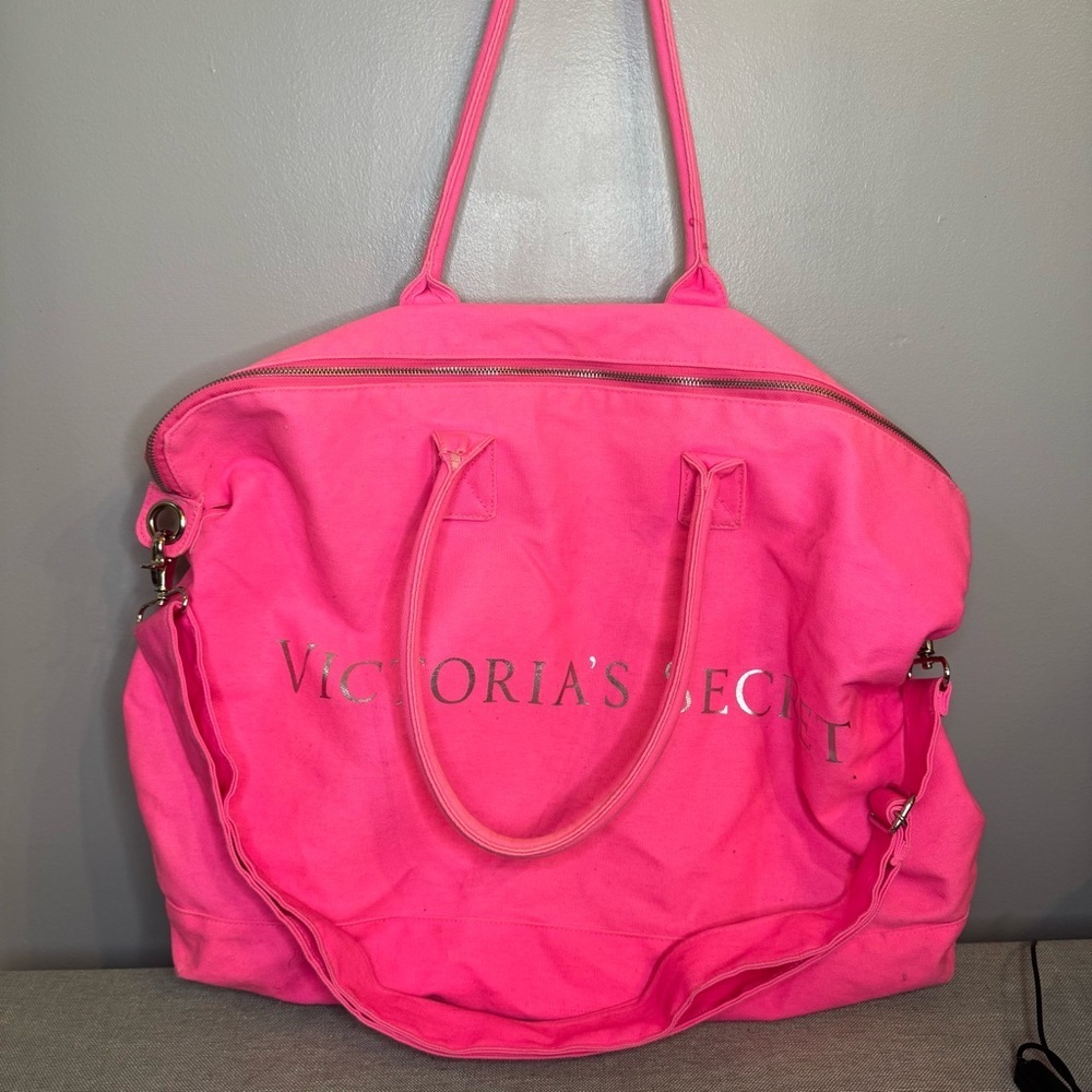 VICTORIA'S SECRET Large Neon Pink Canvas Crossbody Weekend Tote Duffle Bag